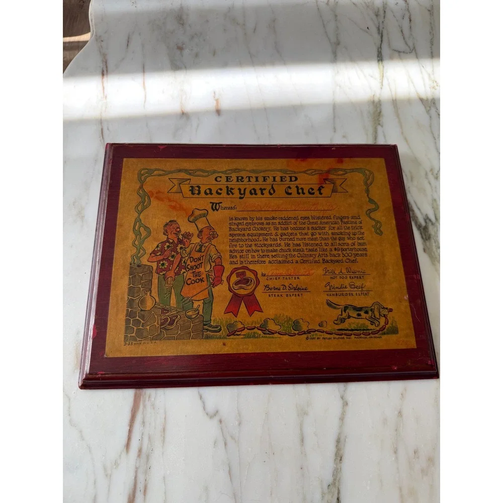 Vintage 1957 Certified Backyard Chef Framed BBQ Kitchen Wall Art